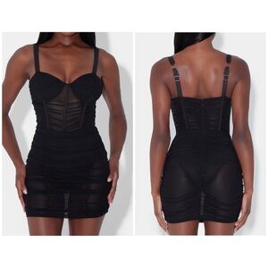 LEAU Black Sheer Stretch Bodice Corset Miami Mesh Mini Dress